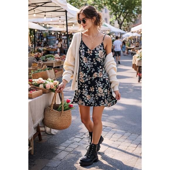 Vintage Dentelle Satin Floral Black Slip Dress night gown medium USA made - Picture 7 of 9